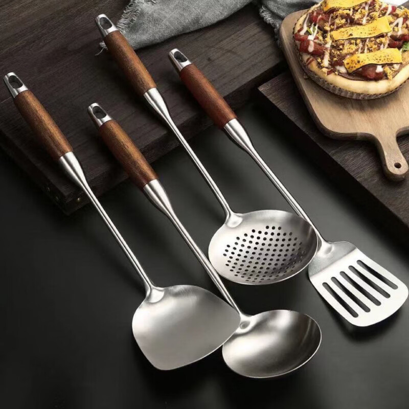 Fat Donglai thickened 316 stainless steel kitchen utensil set for home kitchen cooking spatula and ladle, German 316 material, wood grain plastic handle, spatula + soup spoon + frying spatula + colander, 4-piece set (