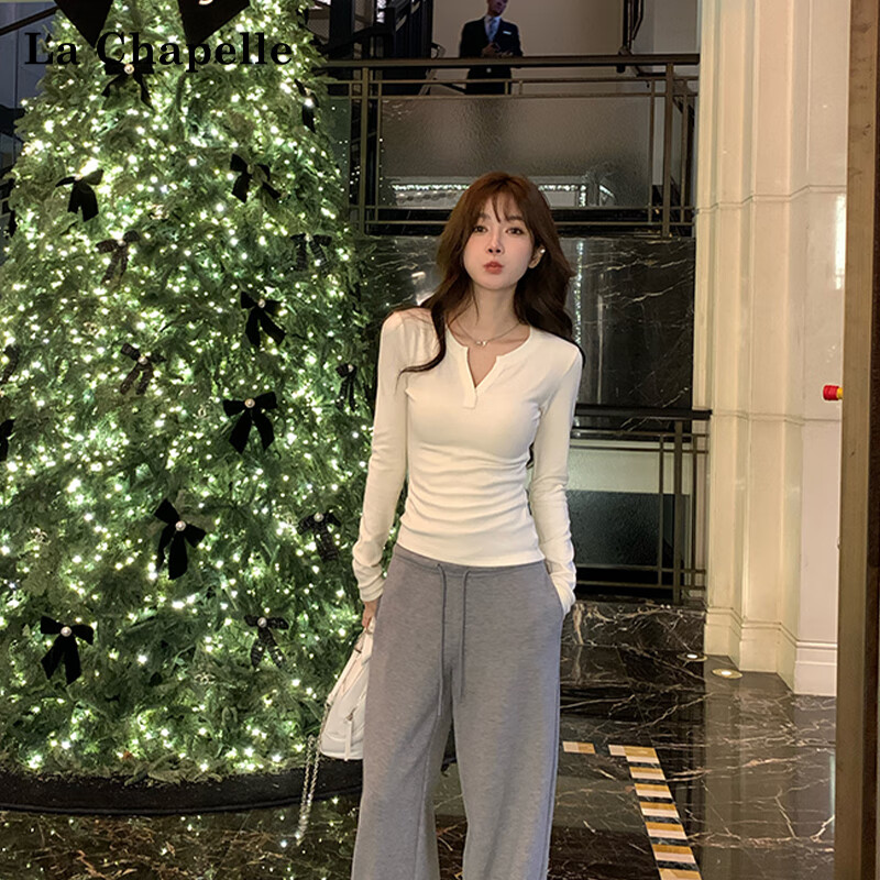 La Chapelle V-neck long-sleeved bottoming shirt for women in autumn and winter, right shoulder, slim fit, pure lust design, inner T-shirt, white L