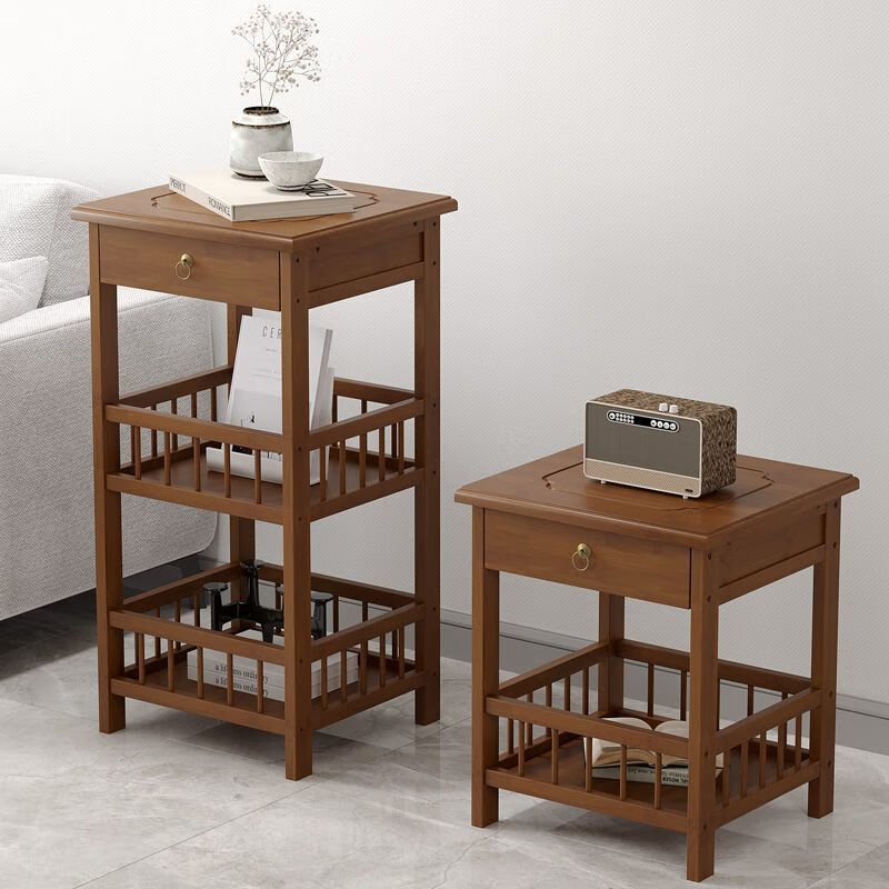 FANCYCHIC home sofa side cabinet small coffee table mahjong table corner corner small square table storage rack tea table tea table side tea cabinet two-story brown fence