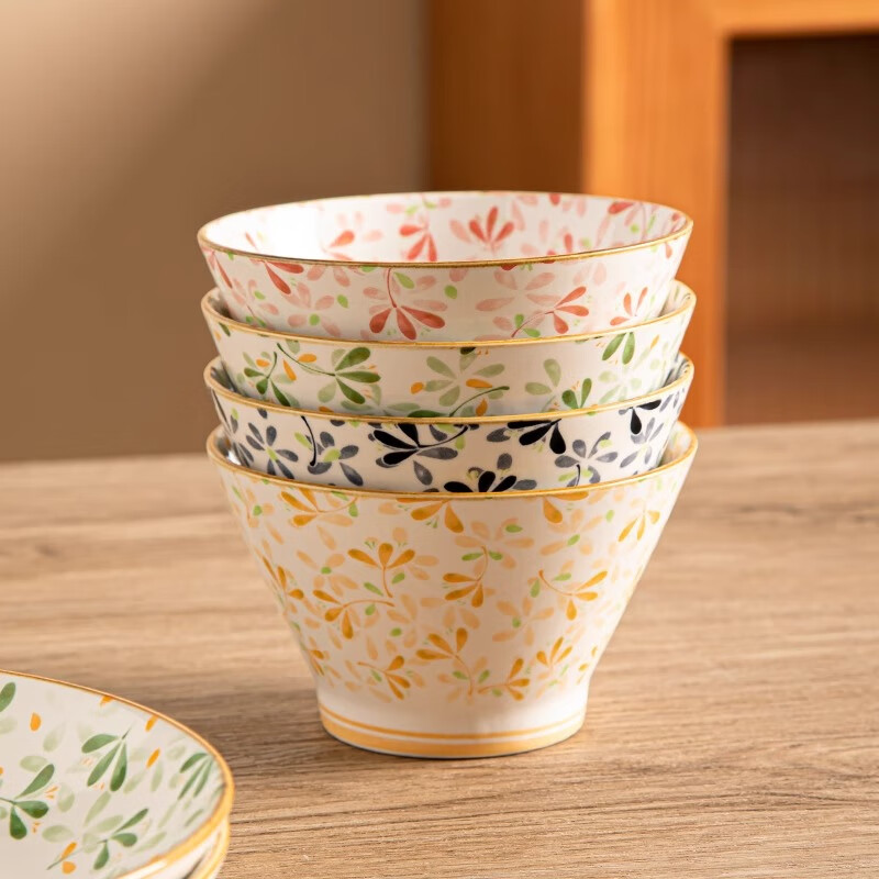 Aomeiyou bamboo hat bowl household 2025 new ceramic rice bowl 5-inch rice bowl tall bowl underglaze color 4 pack