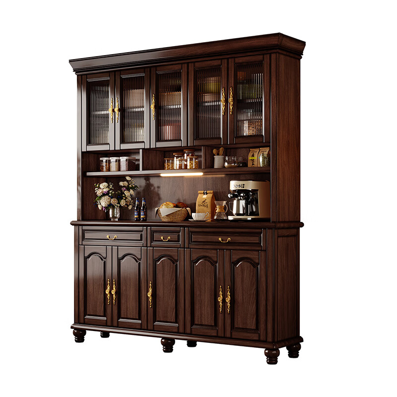 Heguan black walnut retro solid wood sideboard kitchen cabinet against the wall integrated living room storage cabinet tea cabinet wine cabinet black walnut four-door sideboard