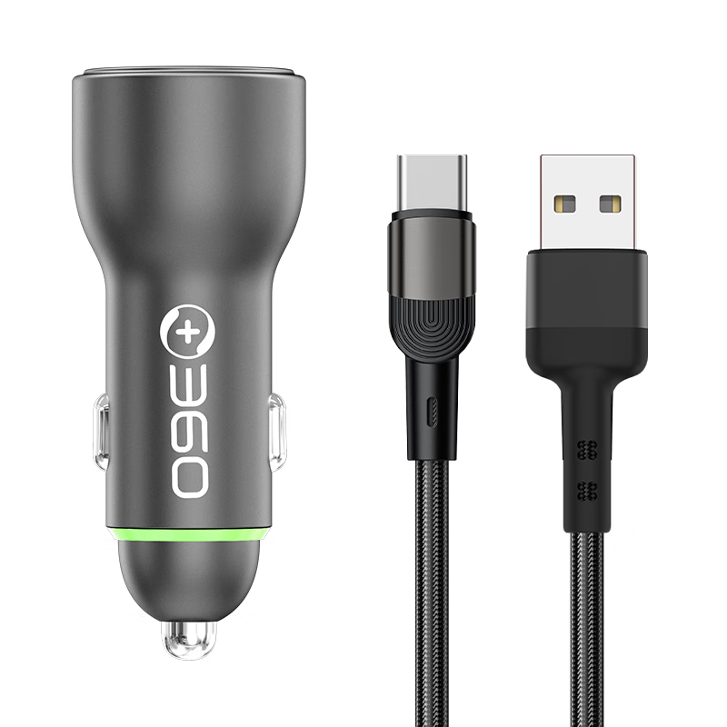360 car charger super fast charging data cable set dual port USB 66W cigarette lighter smart car charger HC-69 one to two converter