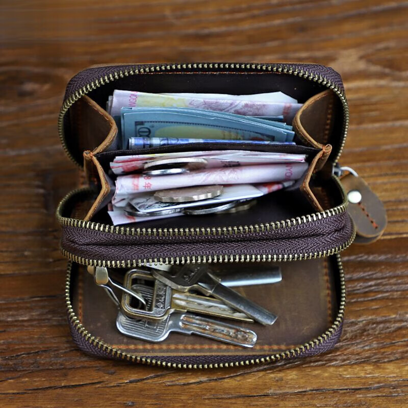 Liyou high-end quality key bag storage bag handmade genuine leather key bag men's first layer cowhide multifunctional retro wallet noble brown