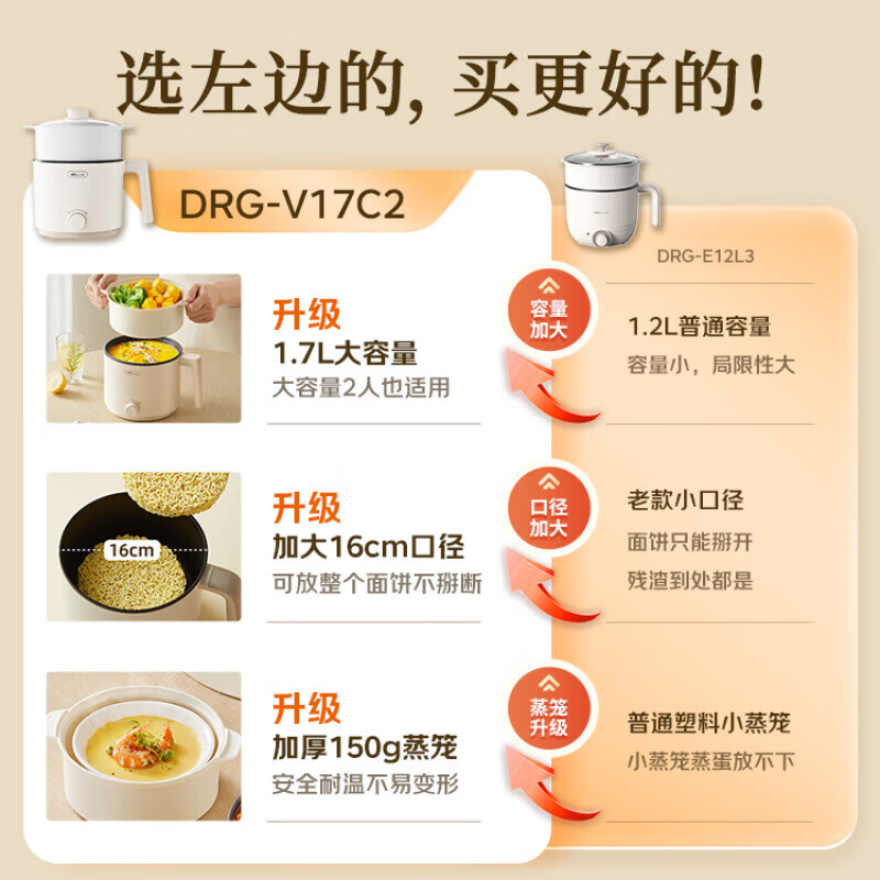 Bear electric cooker, dormitory small electric cooker, electric steamer, student dormitory all-in-one instant noodle pot, small hot pot, multi-function cooker, small electric cooker for 1-2 people V17C2 1.7L with steamer