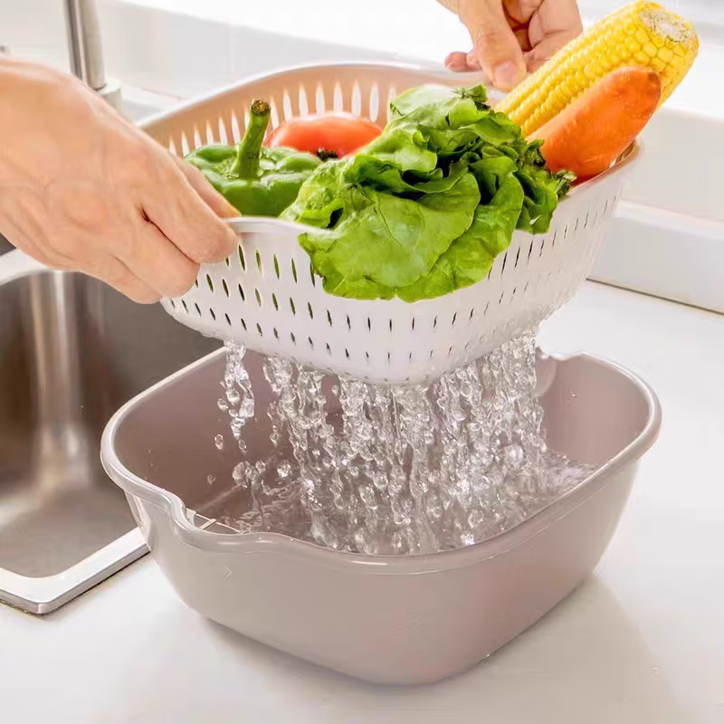 Double-layered vegetable sink drain basket fruit plate spit bone dish living room home kitchen fruit basket rounded corners medium + large gray white 2-piece set