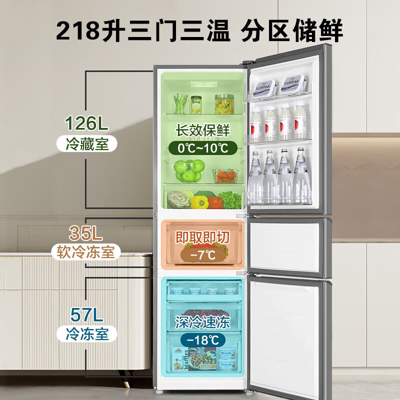 Haier (Haier) Haier refrigerator 218 liters three-door second-level energy efficiency home rental housing dormitory small three-door refrigerated freezer fresh-keeping refrigerator produced by Haier Smart Home 218 liters commander direct cooling energy saving