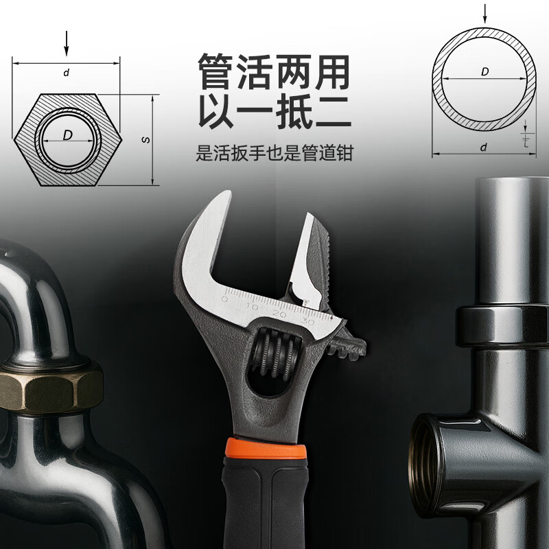 Tactix adjustable wrench large opening dual-purpose universal torque live mouth bathroom wrench anti-slip water pipe pliers for home use 900064