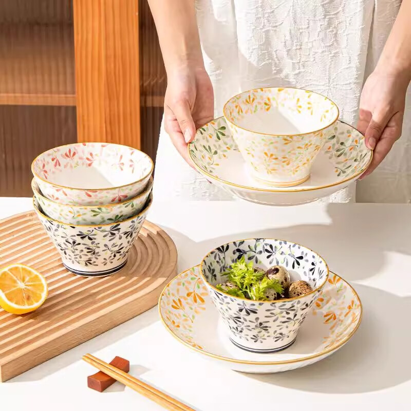 Aomeiyou bamboo hat bowl household 2025 new ceramic rice bowl 5-inch rice bowl tall bowl underglaze color 4 pack