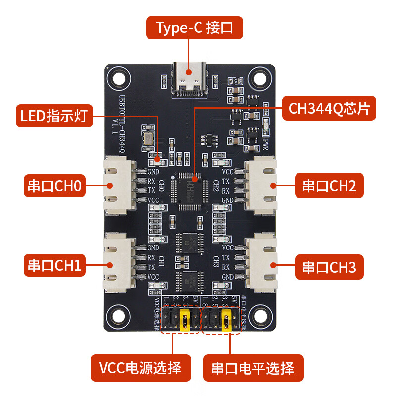 High-speed USB to 4/8-channel TTL module serial port expansion module ch344Q/ch348Q multi-channel UART expansion board USB to 4-channel four-level - with acrylic board - wire delivery + 4 connecting wires