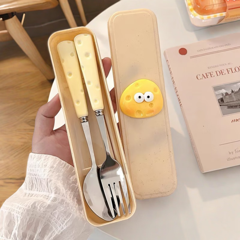 Ye Yu cute ins cheese spoon fork chopsticks three-piece student tableware portable tableware storage box set milk free spoon + fork + wheat chopsticks free box with cheese upgraded version tableware set in activity
