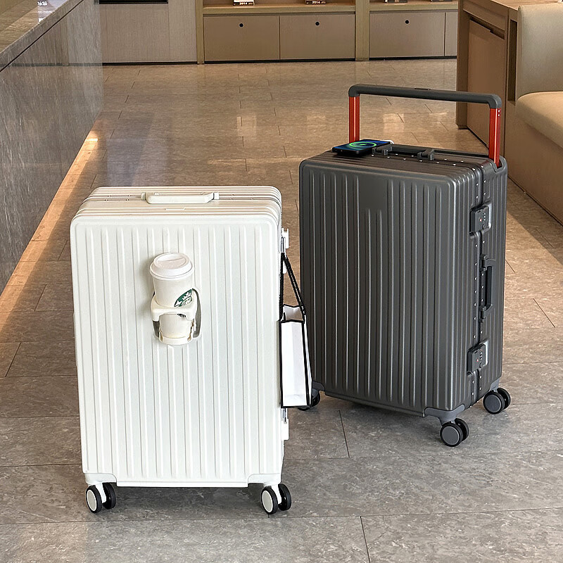 Charles heart-loving, good-looking, large-capacity, thickened aluminum frame travel suitcase, universal wheel trolley case, wide trolley, white thickened aluminum frame, wide trolley, cup holder, USB 20 inches