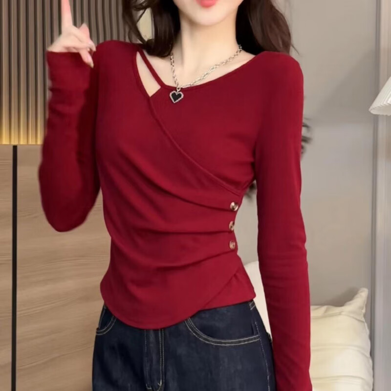 Mrs. Yuan's cross-cut hollow irregular design autumn slimming bottoming fashionable long-sleeved T-shirt versatile top oatmeal color S recommended within 95 pounds