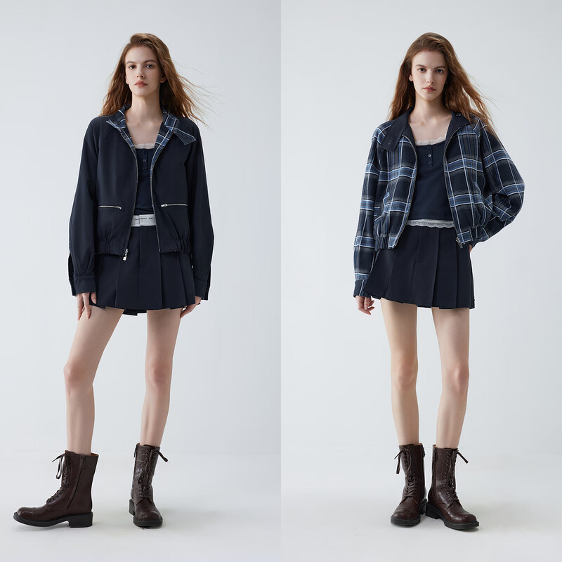 ELLE Navy Blue Plaid Reversible Short Jacket Women's 2025 Autumn New Casual Loose Design Top Navy S