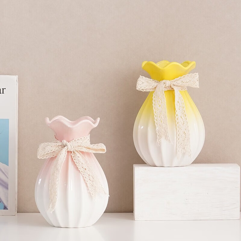 Shumen Big Belly Ceramic Vase Decoration Dried Flowers Water Flower Gardening Living Room Flower Arrangement Tulip Decoration Light Luxury and High-Level Sense Qianyu. Style (Yellow Upper)