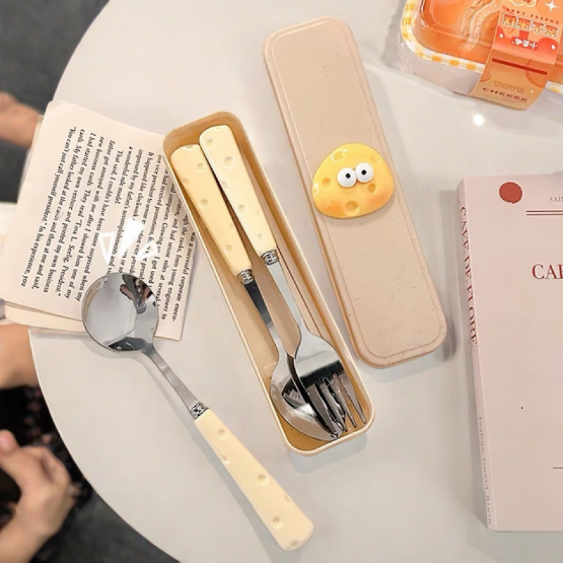 Ye Yu cute ins cheese spoon fork chopsticks three-piece student tableware portable tableware storage box set milk free spoon + fork + wheat chopsticks free box with cheese upgraded version tableware set in activity