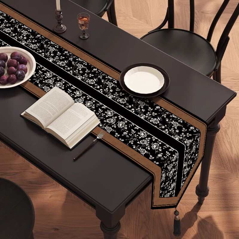 Pure mid-century style dining table and table flag, light luxury, high-end long tea mat, tea table cushion, sideboard, thickened tablecloth, tea table and tea flag, Huafuluoye 30*80cm cotton and linen + round bead tassel black
