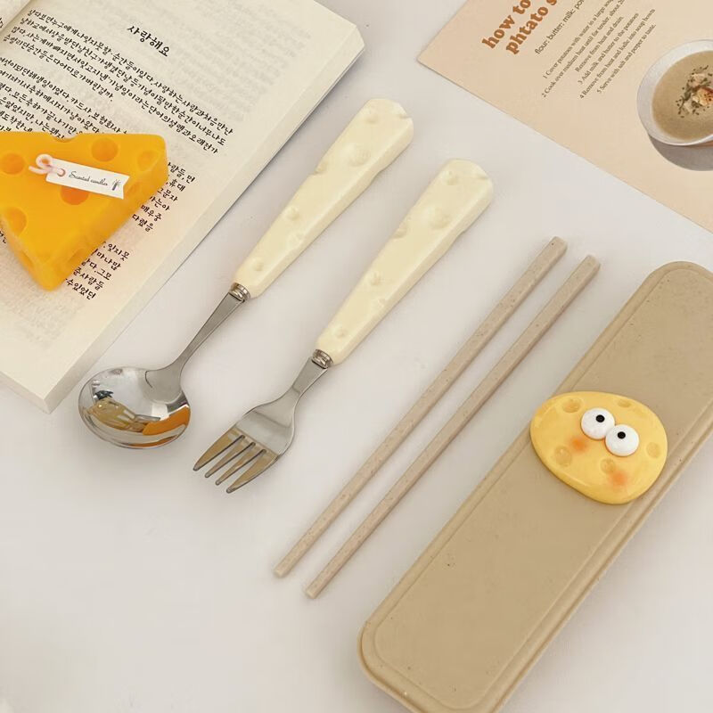 Ye Yu cute ins cheese spoon fork chopsticks three-piece student tableware portable tableware storage box set milk free spoon + fork + wheat chopsticks free box with cheese upgraded version tableware set in activity