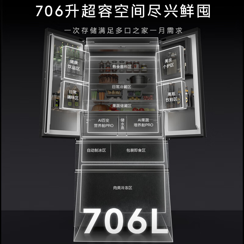 COLMO706L French four-door 703L cross-shaped four-door super-capacity fully embedded antibacterial, odor-free and fresh-keeping automatic ice-making household smart large refrigerator The store manager recommends 706L French four-door-Lava Mantle Rock