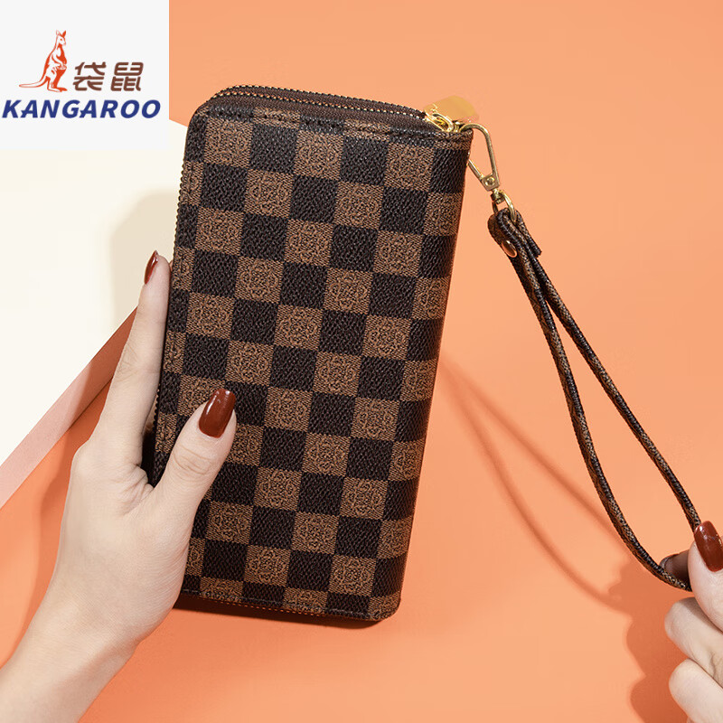 Kangaroo long wallet for women New Year's new pattern large capacity temperament double zipper clutch bag can hold mobile phone wallet dark brown color