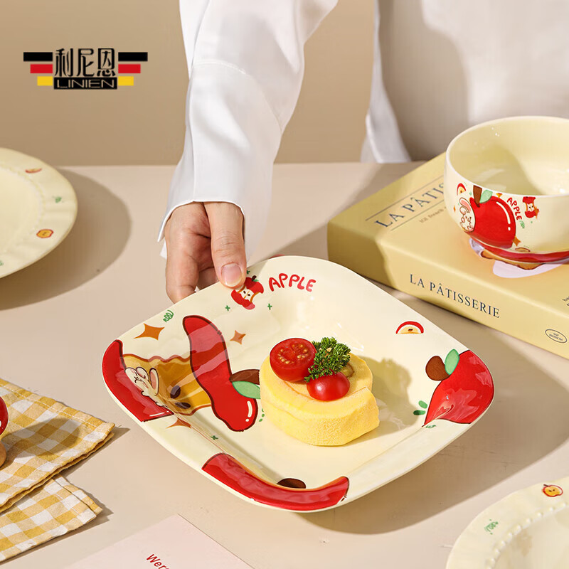 Apple Rabbit cute ins high-looking household bowl spoon underglaze color ceramic tableware rice bowl rice bowl plate 8.5 inch lace plate Apple Rabbit 1 piece