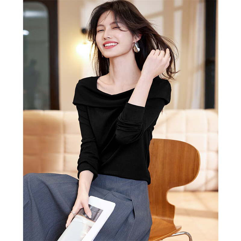 Shangjing bottoming shirt for women 25th autumn new women's French elegant lady one-shoulder temperament versatile simple top for women