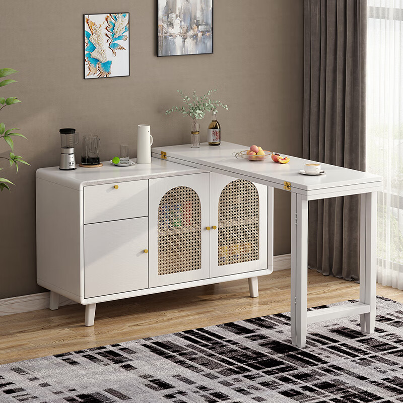 Wen Yijia solid wood folding dining table and sideboard integrated island Chinese style small apartment home wall storage cabinet retractable dining table HQ1035 walnut color installation included