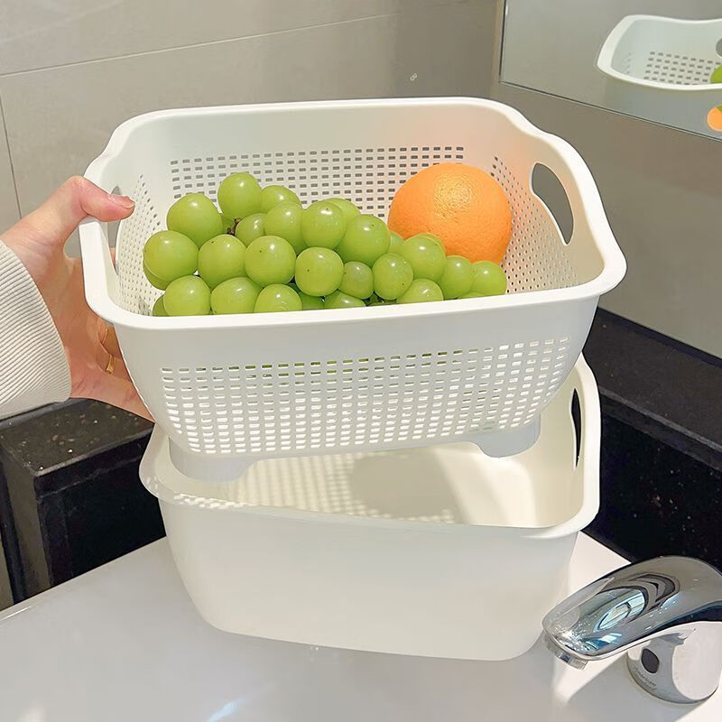 GUIG Double-layer Drainage Home Kitchen Vegetable Washing Thick Plastic Basket Artifact Fruit Cleaning Storage Fruit Plate Washing Basket Square Dabai Double-layer Thickened