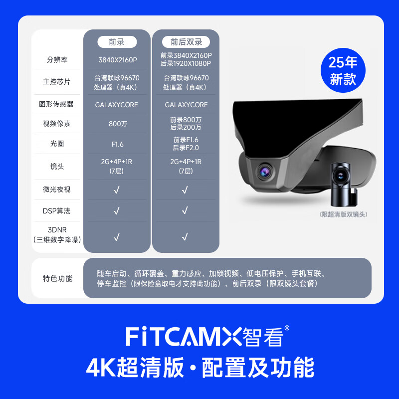 FiTCAM Genesis GV60 GV70 GV80 G70 G80 G90 dedicated driving recorder HD front and rear dual cameras 2021-2026 Genesis G80 standard 4K ultra-clear version single lens + no memory card