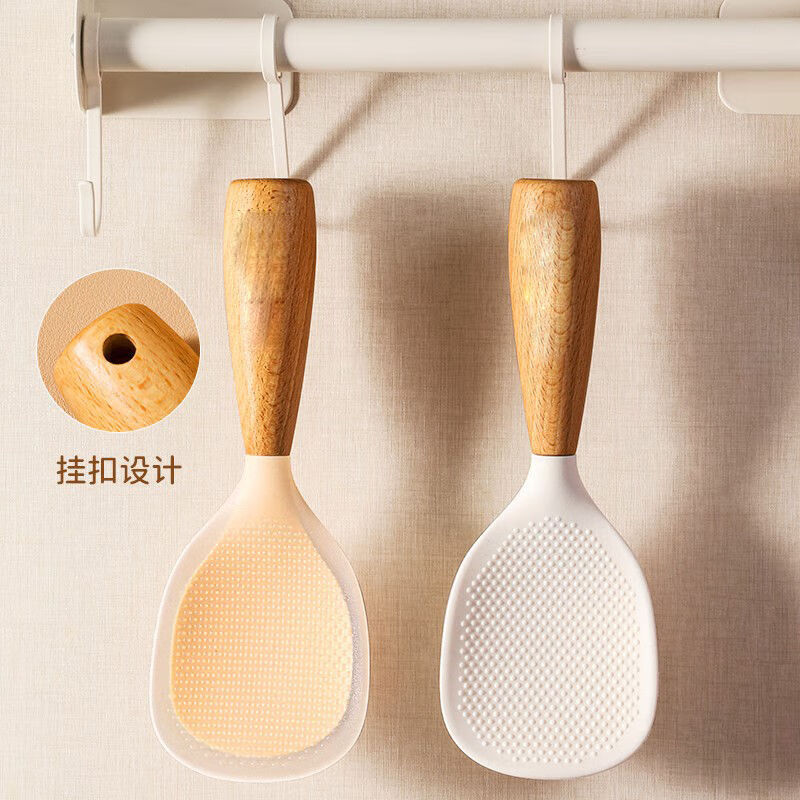 Silicone rice spoon can stand up non-stick rice shovel spoon household rice cooker food grade can stand high appearance silicone rice spoon with wooden handle Haoyuebai