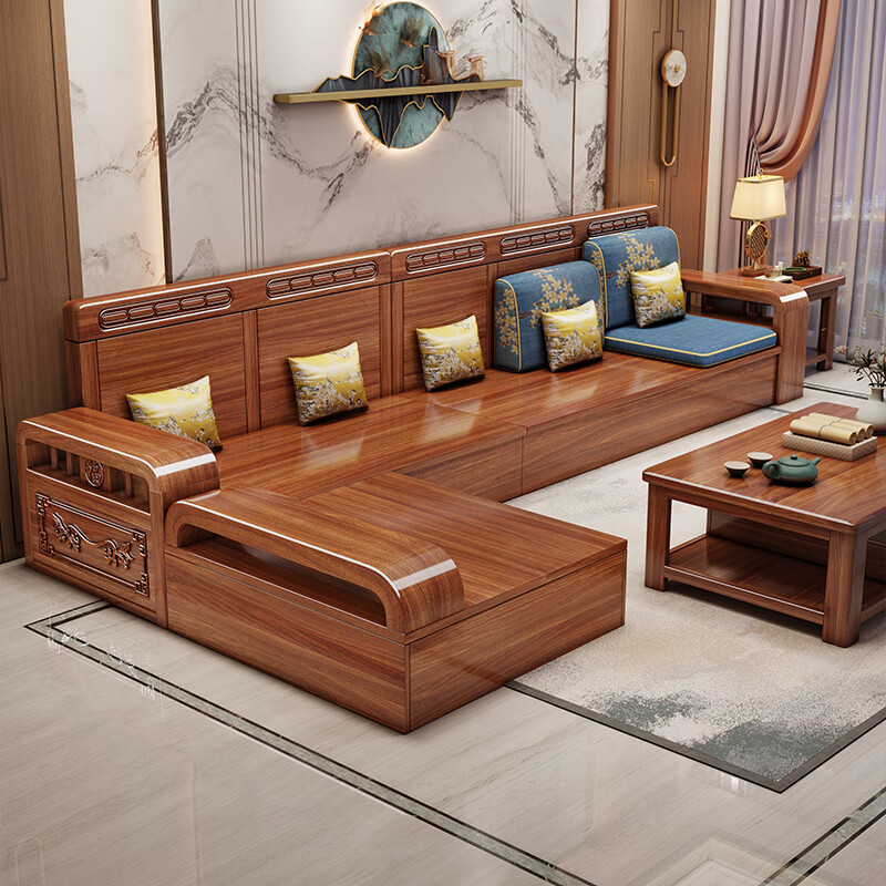 Yuemu Journey Walnut New Chinese Style Solid Wood Sofa Three-Seater Straight Row Small Apartment Winter and Summer Dual-use Storage Sofa Living Room Combination Four-Seater + Coffee Table