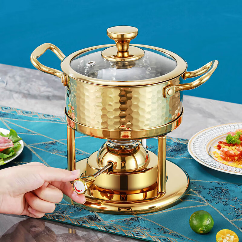 FIREQL high-end hotel club commercial stainless steel single-person small hot pot inflatable gas stove for one person and one pot shabu soup pot silver hammer pattern-environmentally friendly oil type 70-90 minutes 16cm