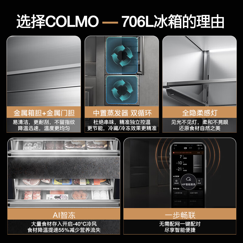 COLMO706L French four-door 703L cross-shaped four-door super-capacity fully embedded antibacterial, odor-free and fresh-keeping automatic ice-making household smart large refrigerator The store manager recommends 706L French four-door-Lava Mantle Rock