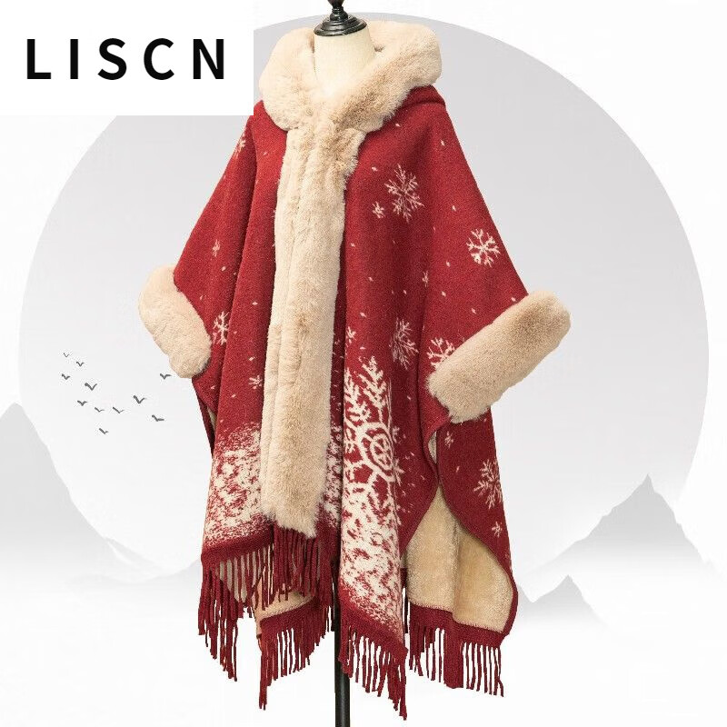 LISCN Red Christmas Cape Shawl Coat Women's Autumn and Winter New New Year Mid-Length Velvet Thickened Coat Snowflake Shawl Thickened One Size 90 Jin About 170 Jin