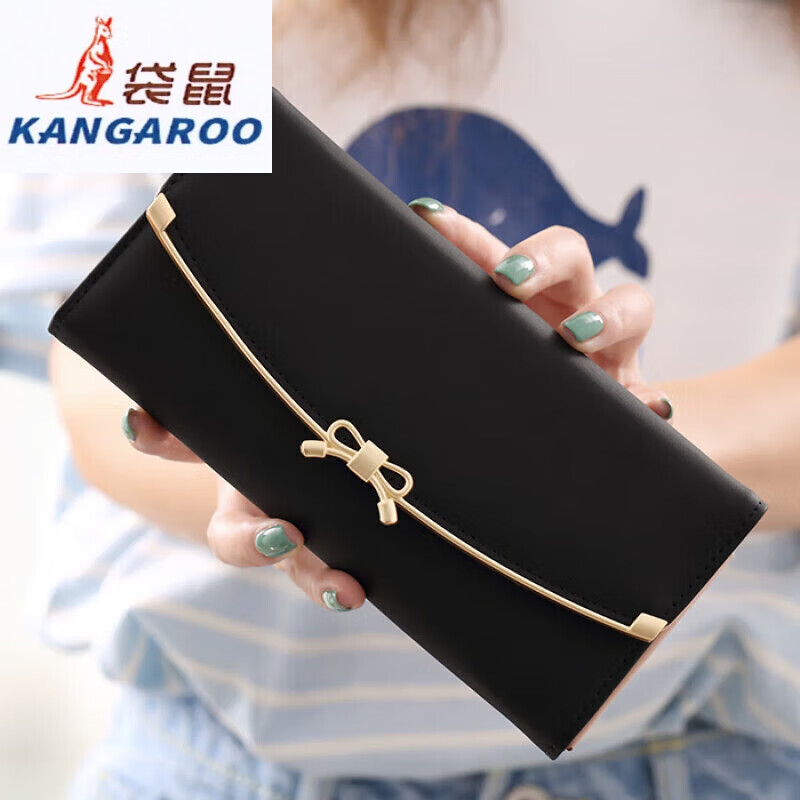 Kangaroo (KANGAROO) 2025 Korean version Japanese long wallet for women summer fortune hand holding simple and fashionable student foreign trade 30% off for mother style black bow hardware