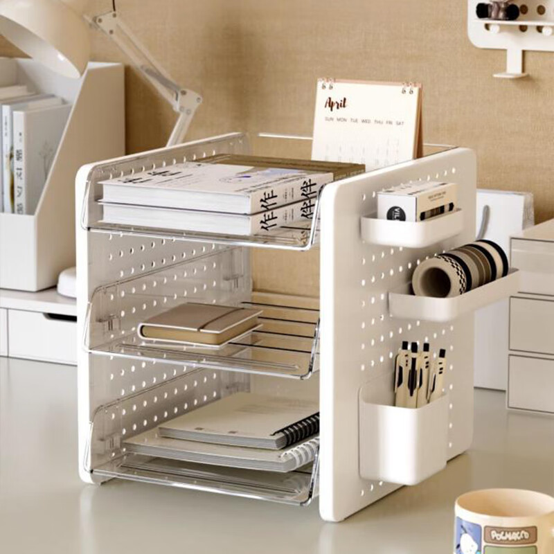 Yupinjia Document Storage Box Book Desktop Storage Rack Work Station Transformation Artifact Necessary Perforated Board Student Book Organizing Multi-layer Perforated Board File Rack - Elegant White Three-Layer File Rack White 1