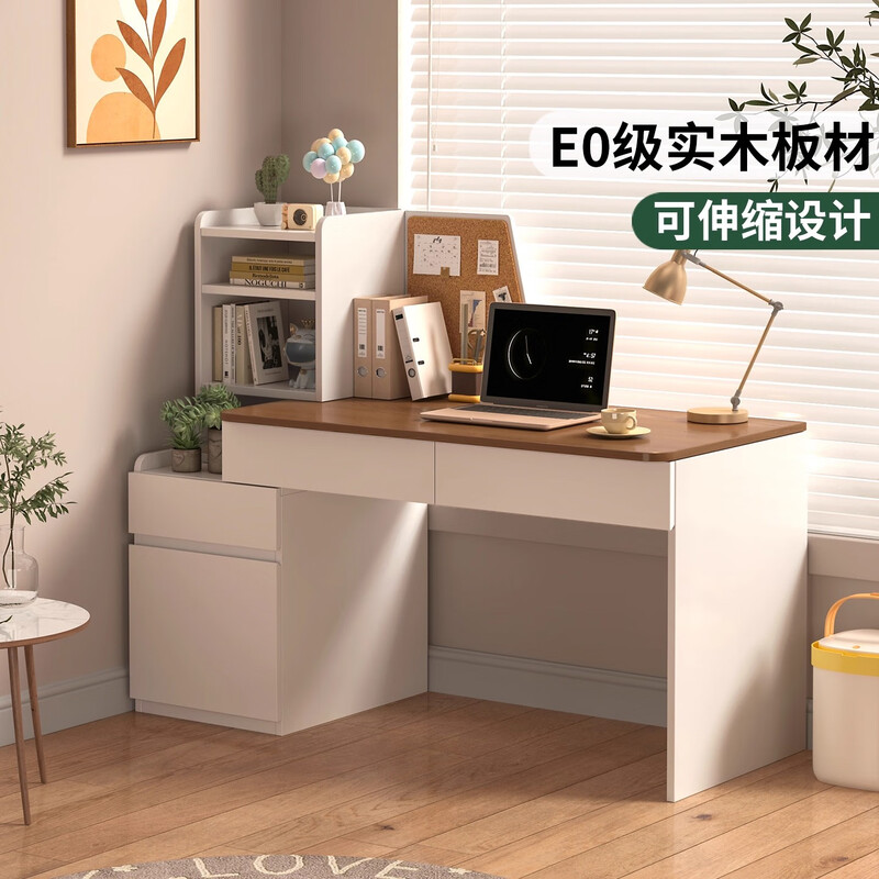 Songbaike solid wood retractable desk bookshelf integrated desk computer desk bedroom home student study table study desk jasmine white with walnut color 1.2 meters right cabinet included with delivery