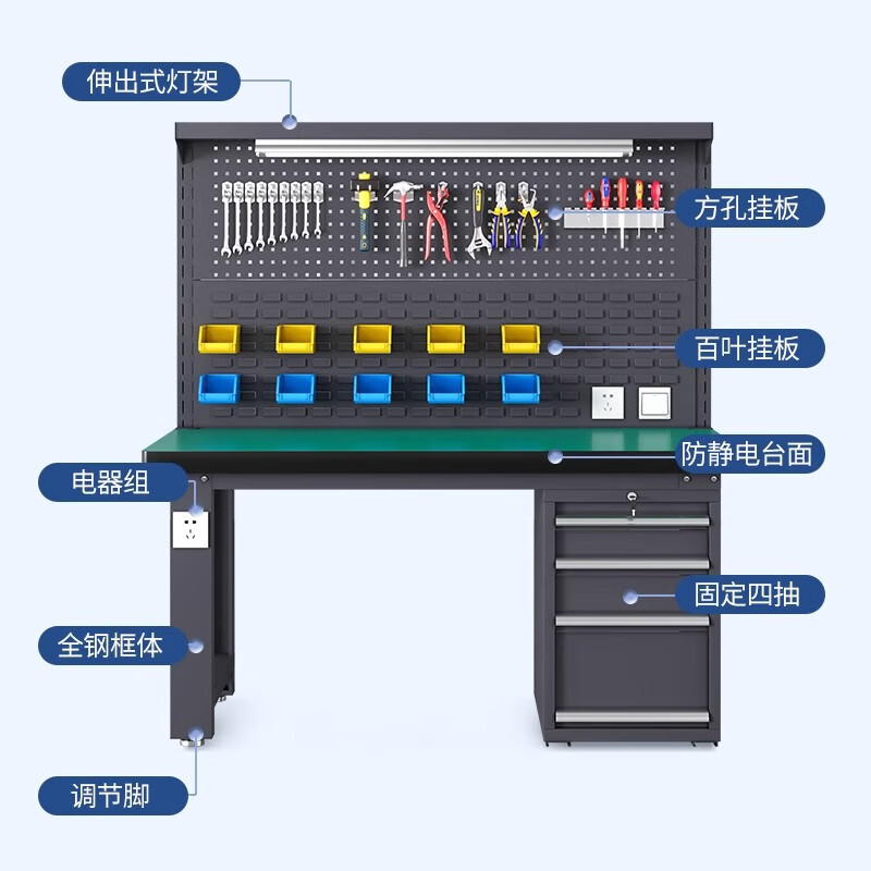 Wanpudun heavy-duty anti-static workbench, four drawers and one door, double hanging plate 2100*750*1720mm, fitter bench, assembly line tool table, maintenance bench, laboratory production workshop operating bench