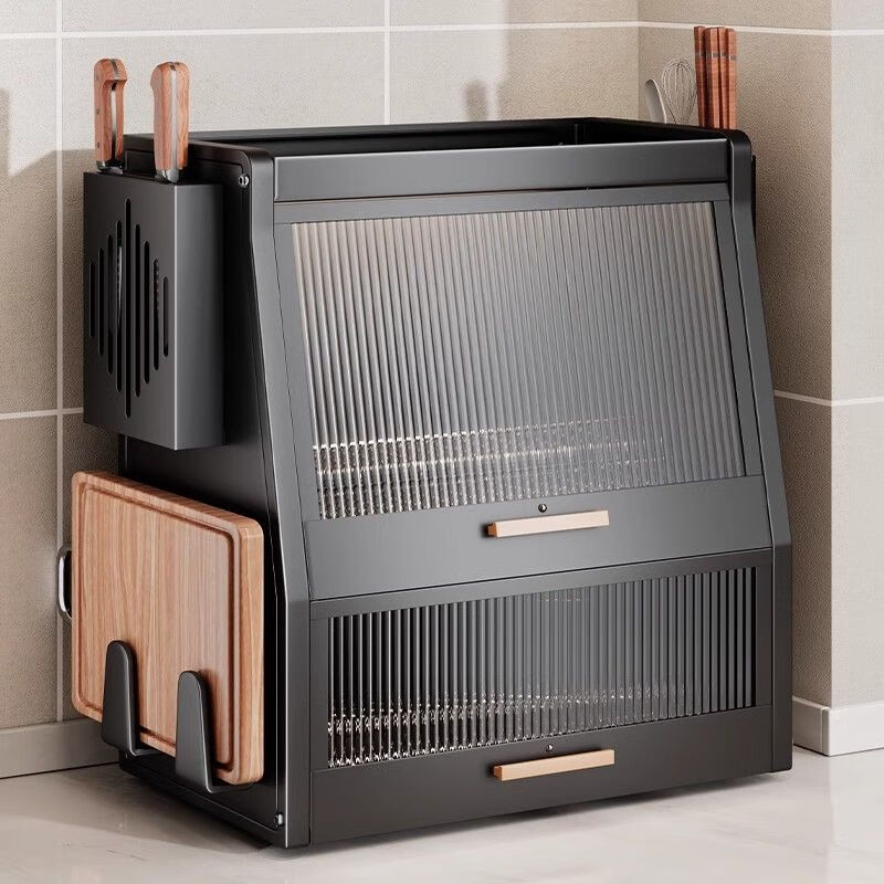 Yukajue kitchen dish rack with cover household bowl counter top chopstick plate dust-proof storage box multi-functional drain black sealed dust-proof and mouse-proof dish cabinet hook