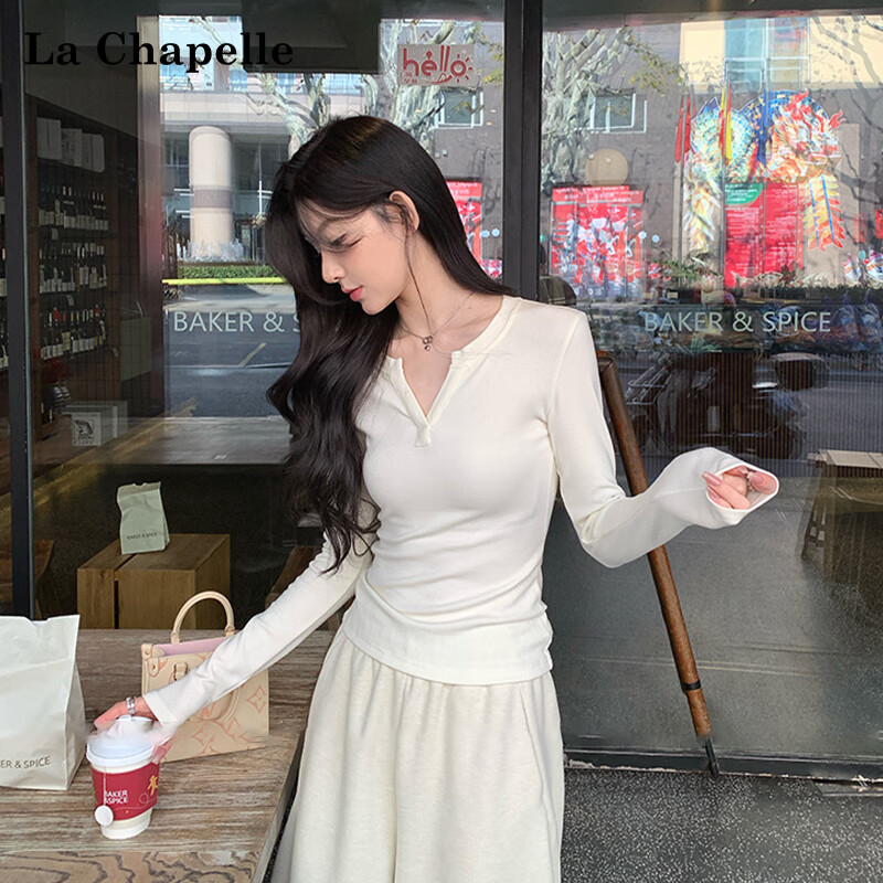 La Chapelle V-neck long-sleeved bottoming shirt for women in autumn and winter, right shoulder, slim fit, pure lust design, inner T-shirt, white L