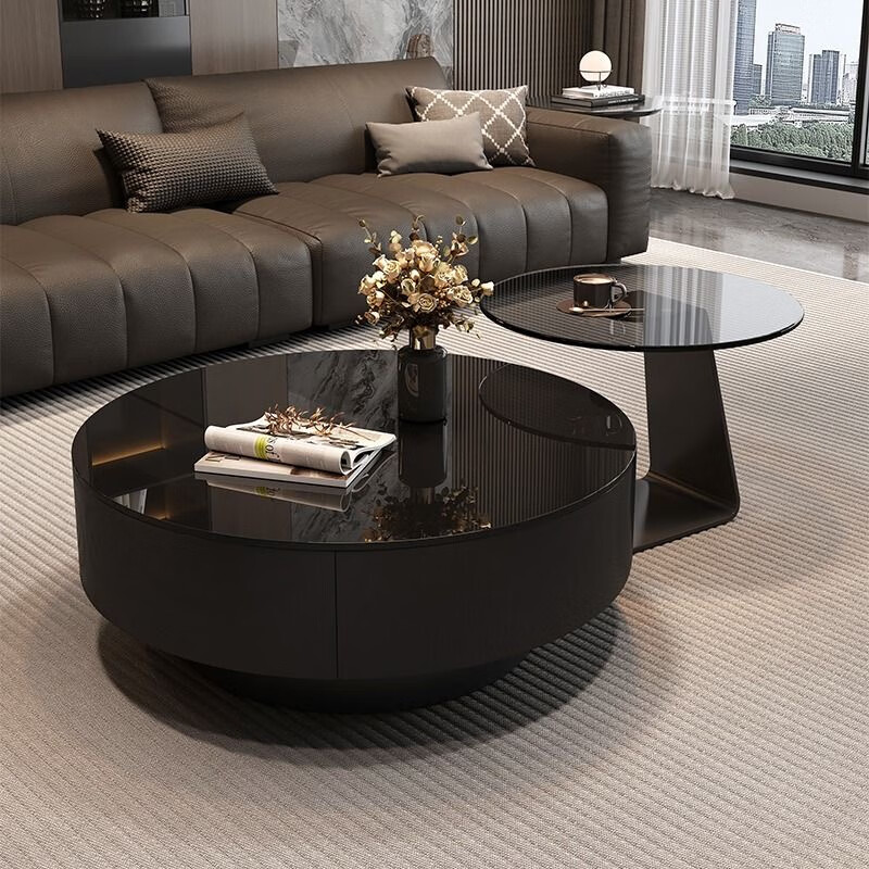 Hua Beisen coffee table black glass Italian minimalist slate living room home light luxury high-end simple round combination Baoge black glass surface + gray glass 80+50 cabinet shipped as a whole