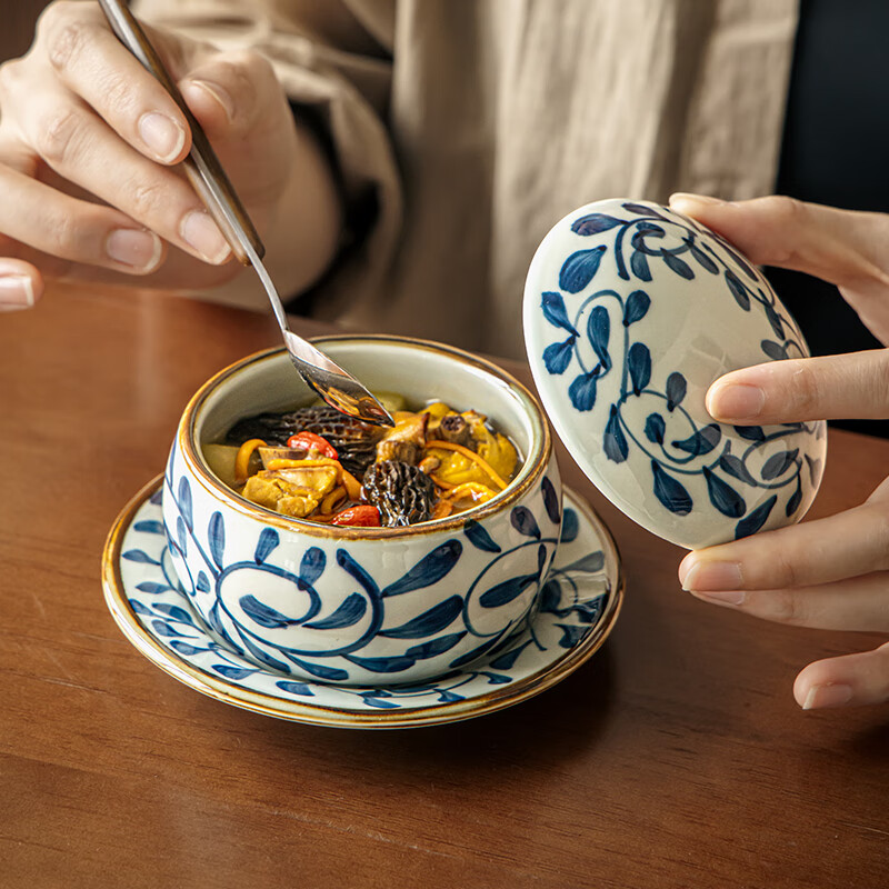 Youcci Blue Gou Teng exquisite hand-painted small stew pot ceramic soup cup with lid Japanese steamed egg cup special bird's nest bowl for one person (2 pieces) 3.5-inch small stew pot - Blue Gou Teng