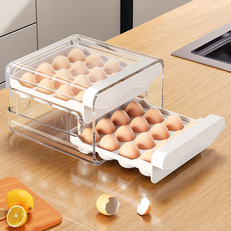 Qinkai household refrigerator egg storage box storage drawer-type crisper kitchen egg box large-capacity egg tray double-layer rack white double-layer PET material can hold 32 chickens