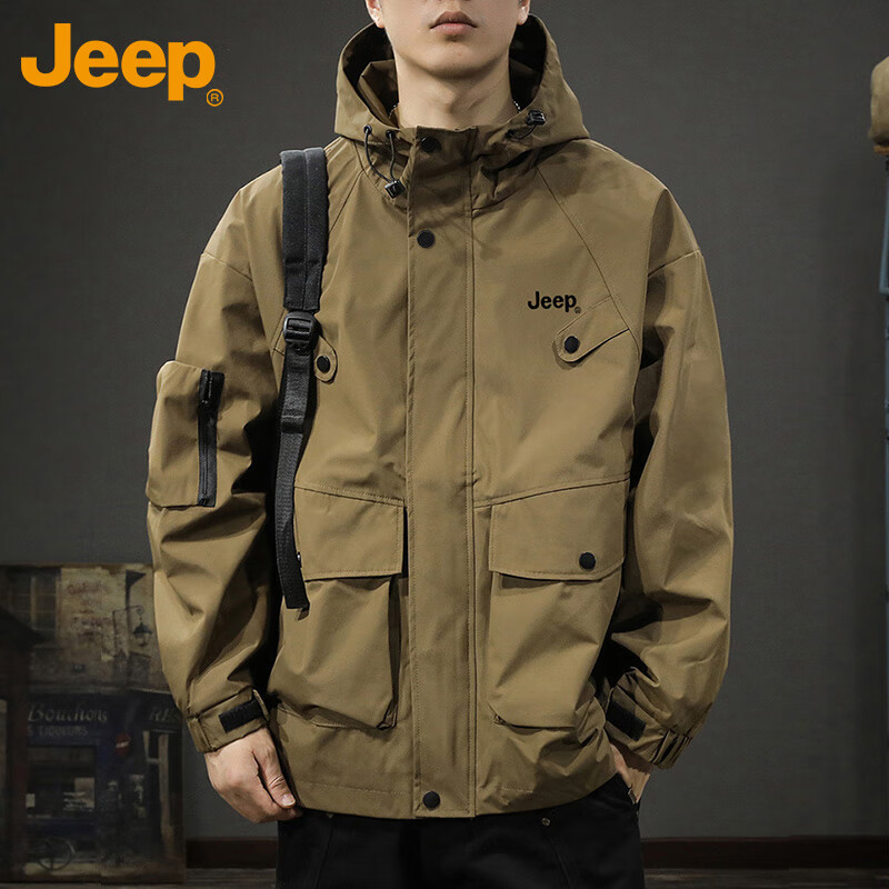 JEEP Jeep Jacket Men's Jacket Autumn and Winter Hooded Workwear Loose Charge Versatile Men's Clothing Black 2XL