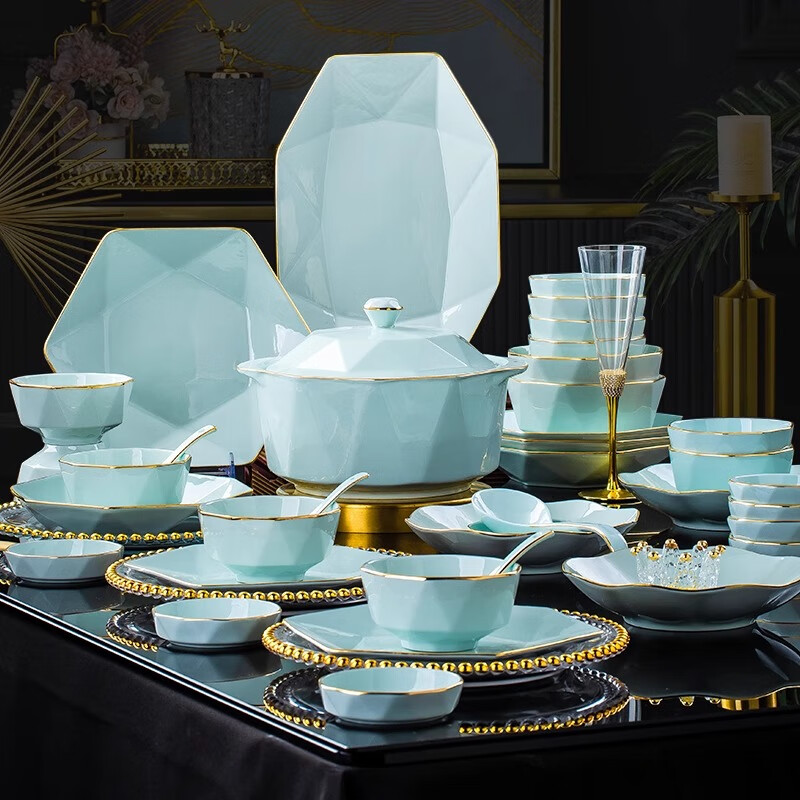 KANGQIN ins Nordic gold edge diamond bowl set creative Japanese solid color household ceramic rice bowl soup bowl large bowl instant noodle bowl gold painted shadow green 4.5 inch rice bowl 8 pack