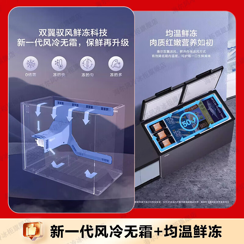 Haier air-cooled frost-free freezer household commercial freezer full-freezer fresh-keeping refrigerator single temperature zone single door first-level energy efficiency power-saving quick-freezing horizontal freezer deep-freezing small refrigerator electronic temperature control | -38 cryogenic | black gold purification | 480L