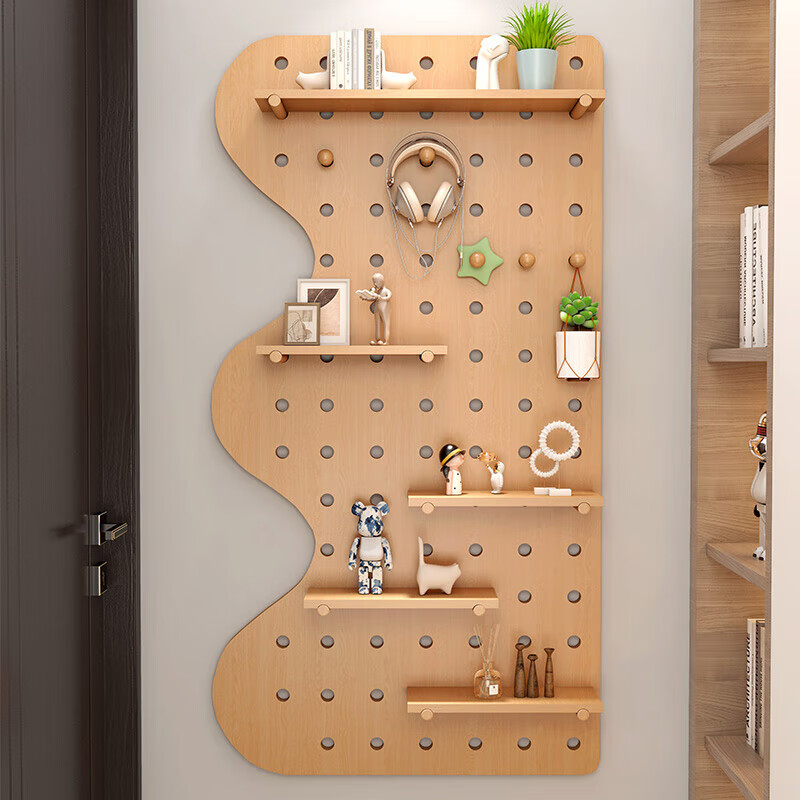 Wooden grid hole board storage rack entry entrance display rack wooden desktop wall desk storage wall hanging board storage rack combination package 40x60 (wood grain color)