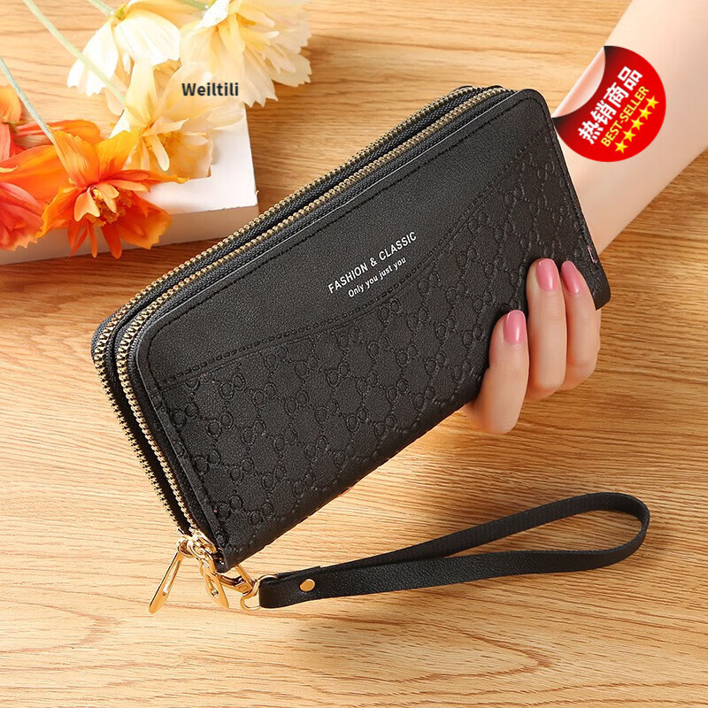 Weiltili 2024 New Women's Wallet Long Large Capacity Double Zipper Hand Wallet Women's Double Layer Clutch Bag Wallet Bag Dark Pink