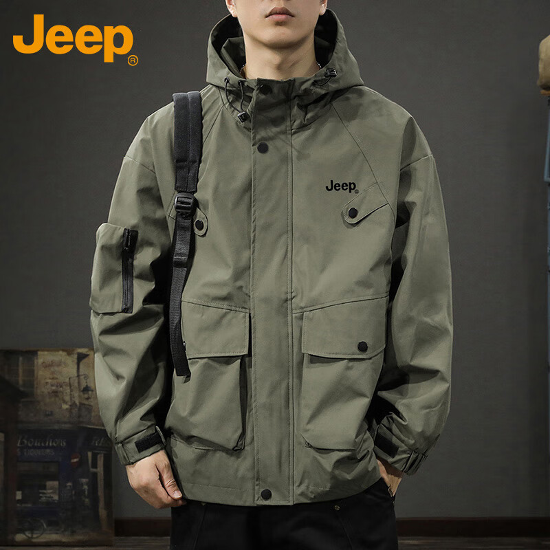 JEEP Jeep Jacket Men's Jacket Autumn and Winter Hooded Workwear Loose Charge Versatile Men's Clothing Black 2XL