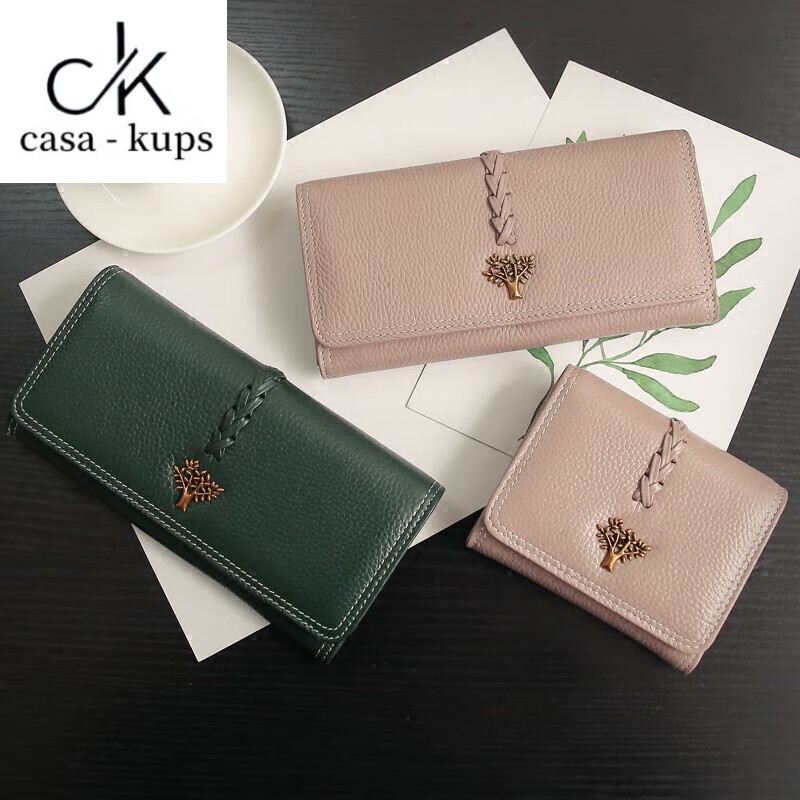 Casa-kupsCK Korean style trendy genuine leather two-fold women's wallet folding first layer cowhide wallet long wallet 2025 new style black