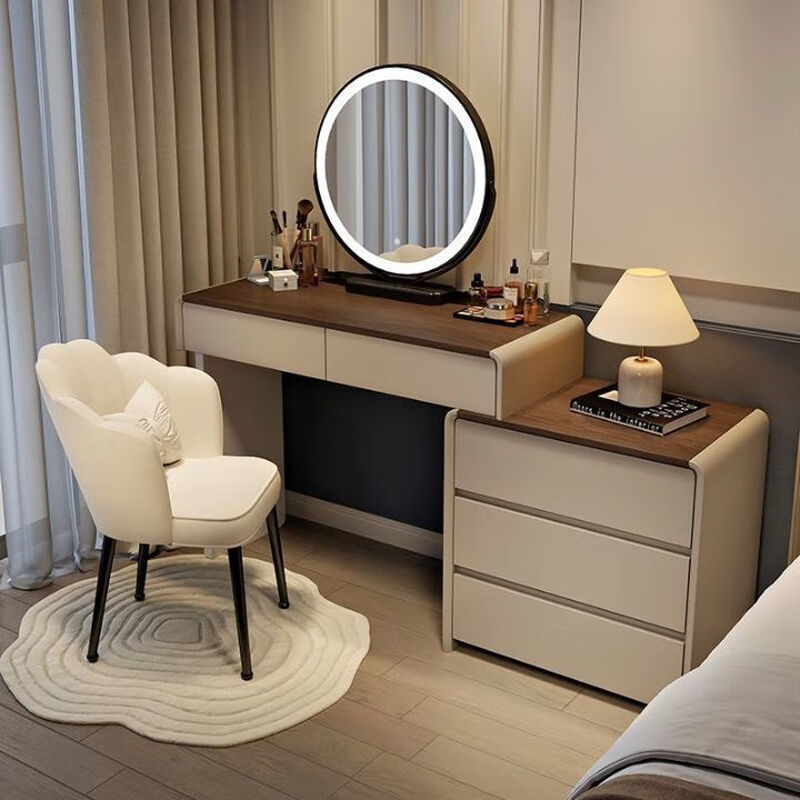 Ogisen Dressing Table Modern Simple Drawer Cabinet Integrated Dressing Cabinet Small Apartment Cream Style Bedside Cabinet Bedroom Solid Wood Dressing Table Solid Wood White Table 80+ Cabinet + Round Mirror + Petal Chair